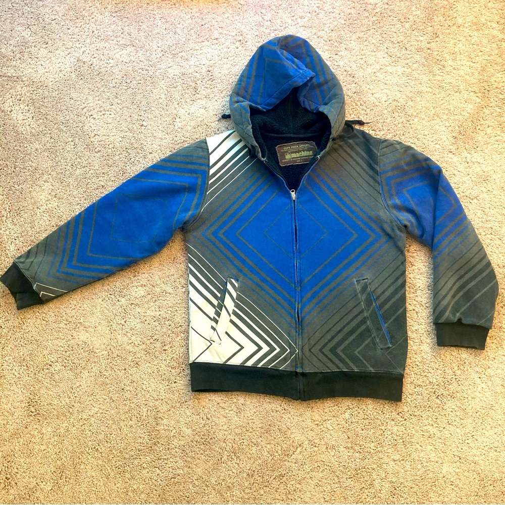 MACHINE Unisex Hoodie Small Geometric Design Blue Black White Colors Thick Zip
